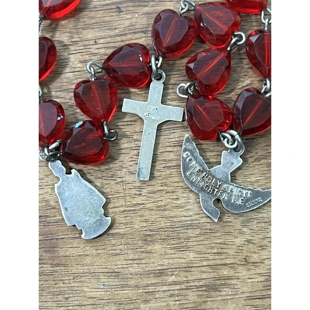 Vtg Religious Bracelet CHAPEL Co. Red Czech Glass Hearts Sterling Silver Charms